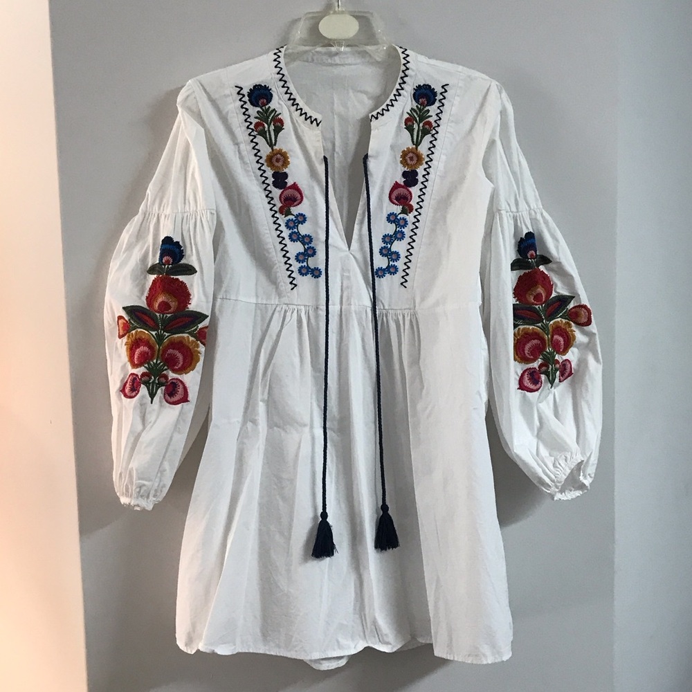 ZARA | Lg | Cotton Mini Dress/Tunic White/Multicolor Floral Embroidery UEC